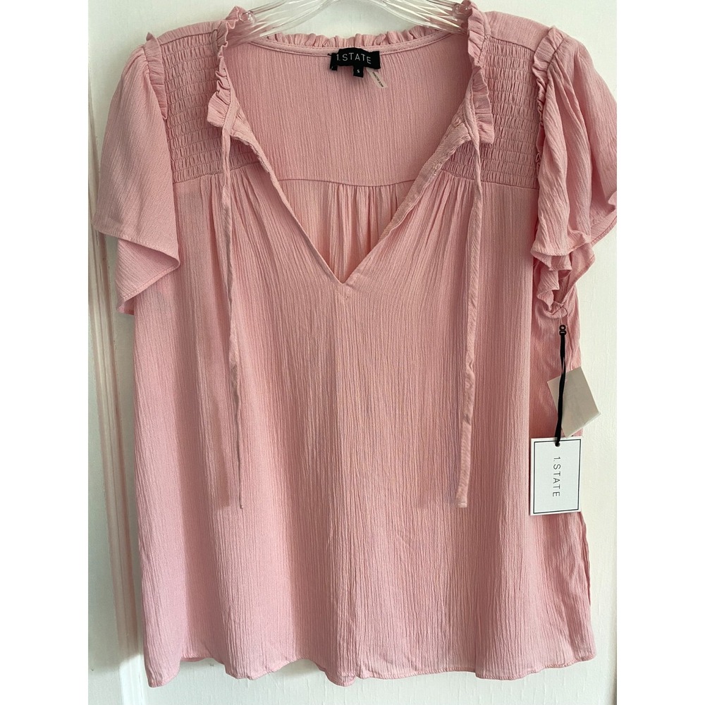 NWT 1.STATE Pink Smocked Ruffle V-Neck Flutter Sleeve Blouse Top Women's Sz S
